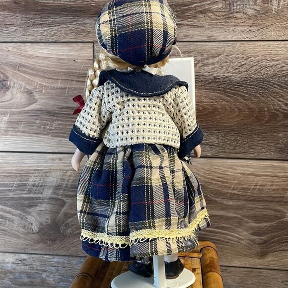 Vintage Porcelain Kissing Doll , Blonde Braids, Blue Plaid Dress 15” - Picture 7 of 8